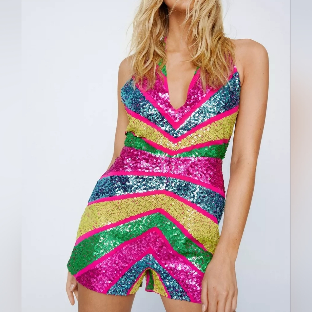 Nasty gal Sequin Color Block Halterneck Romper sz 6